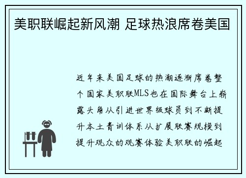 美职联崛起新风潮 足球热浪席卷美国 美职联崛起新风潮 足球热浪席卷美国