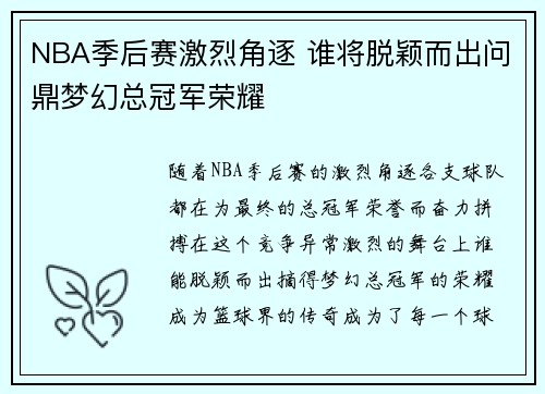 NBA季后赛激烈角逐 谁将脱颖而出问鼎梦幻总冠军荣耀 NBA季后赛激烈角逐 谁将脱颖而出问鼎梦幻总冠军荣耀